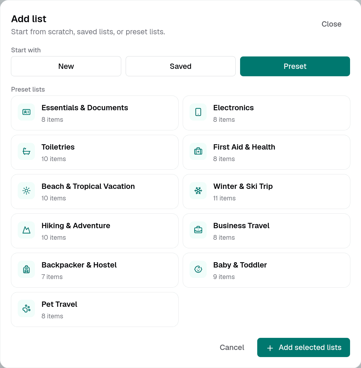 The add-list dialog offering a new list, a saved template, or one of eleven preset lists