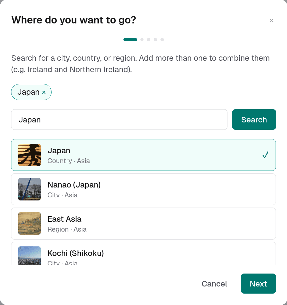 Step one of Autocompose: searching for a destination, with Japan selected