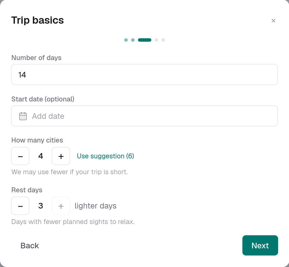 Step three: number of days, optional start date, how many cities, and rest days