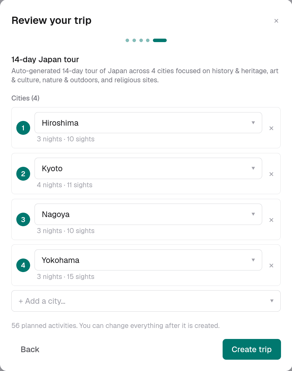 Autocompose's review step, listing four proposed cities with their nights and sight counts