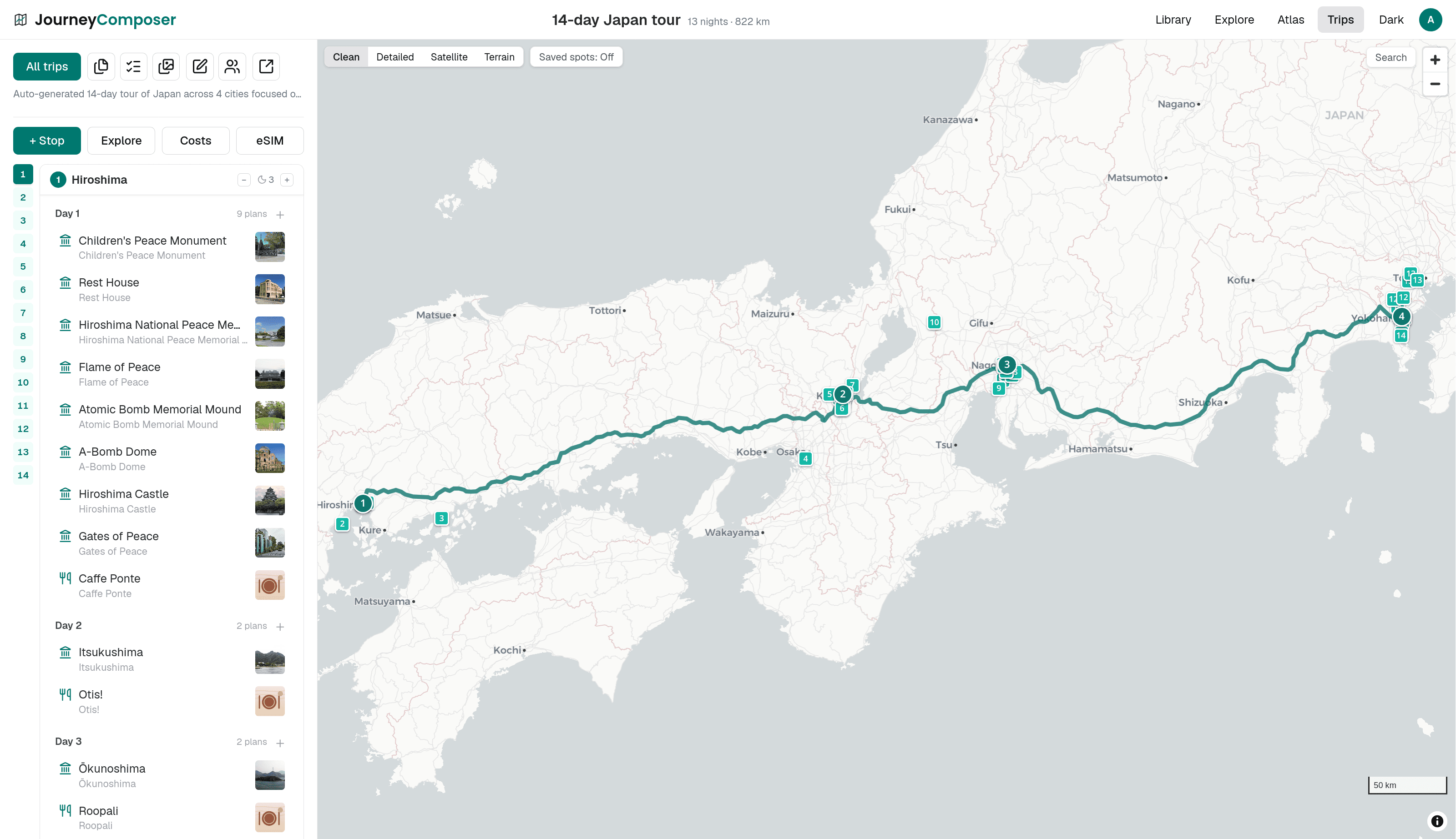 A 14-day Japan itinerary in the day-by-day view, with the route drawn across the map beside it