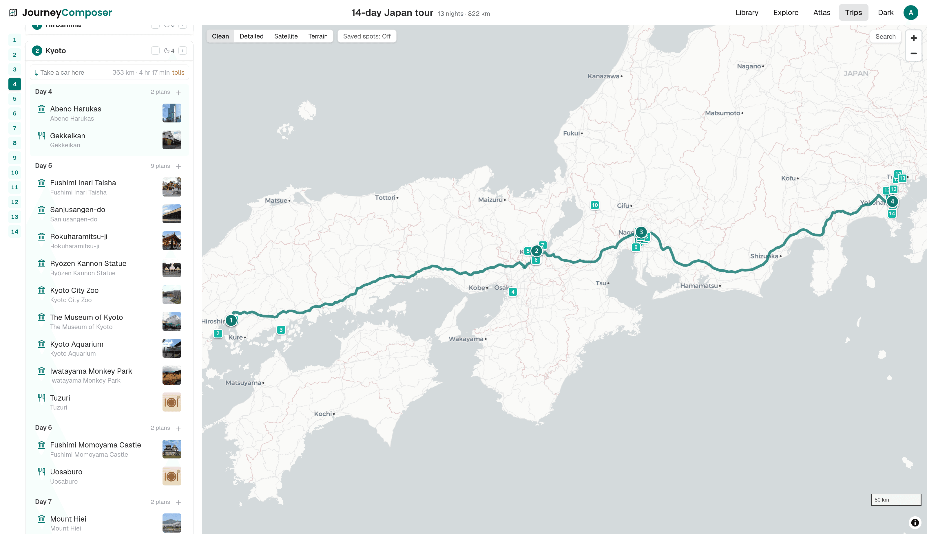 The leg into a stop, summarised above that stop's days as a road distance and driving time