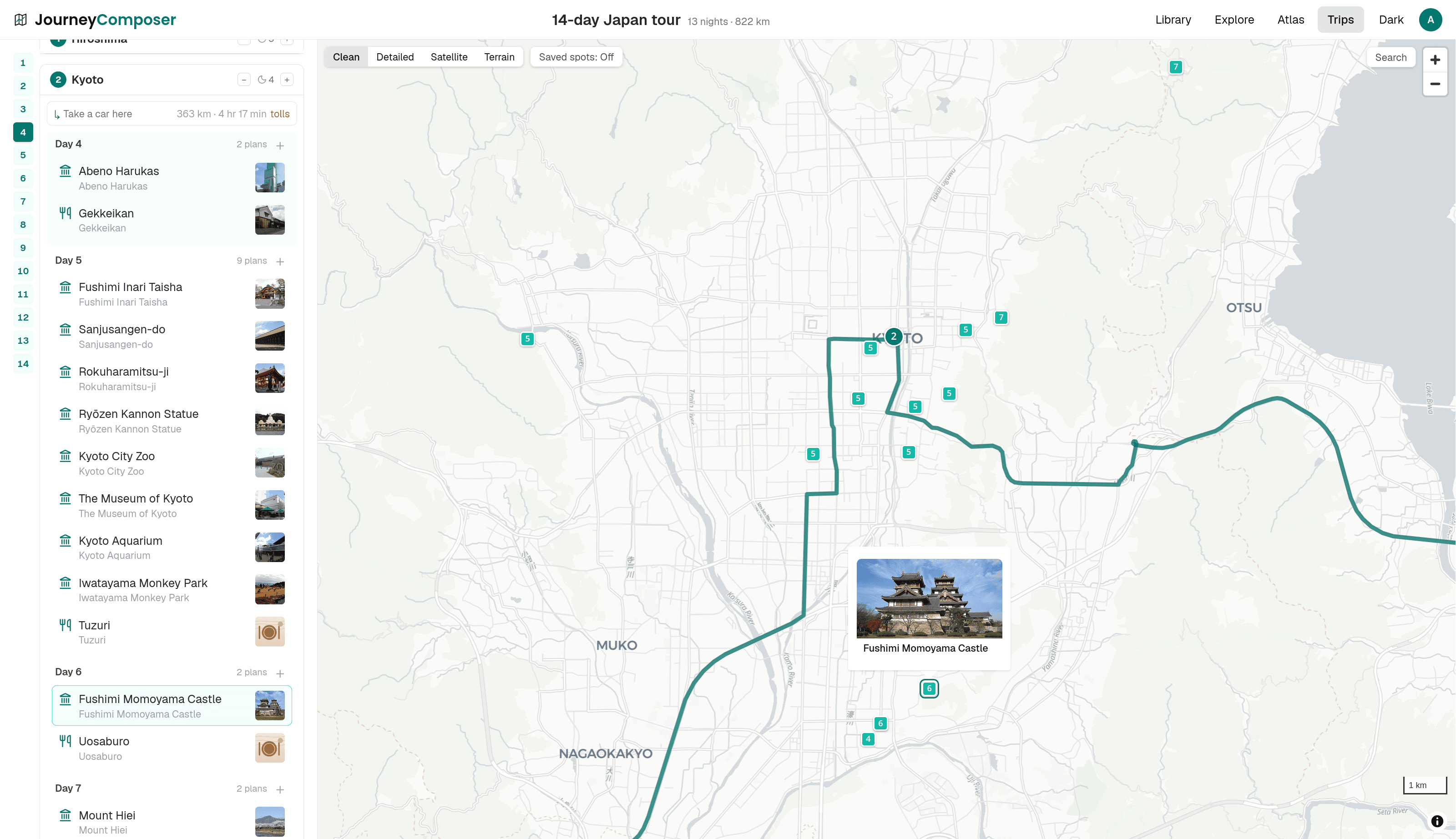 One stop's days in focus, with the map zoomed to that city and a hovered sight showing its photo